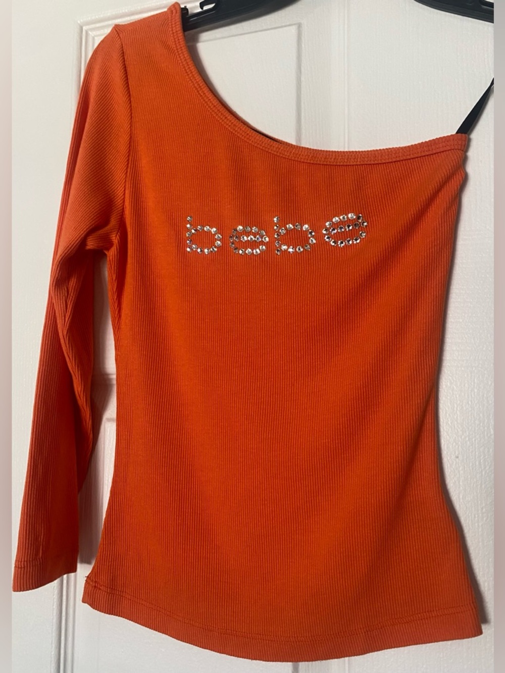 Bebe Y2K Rhinestone One Shoulder Top Orange Fitted Stretch - Picture 2 of 5